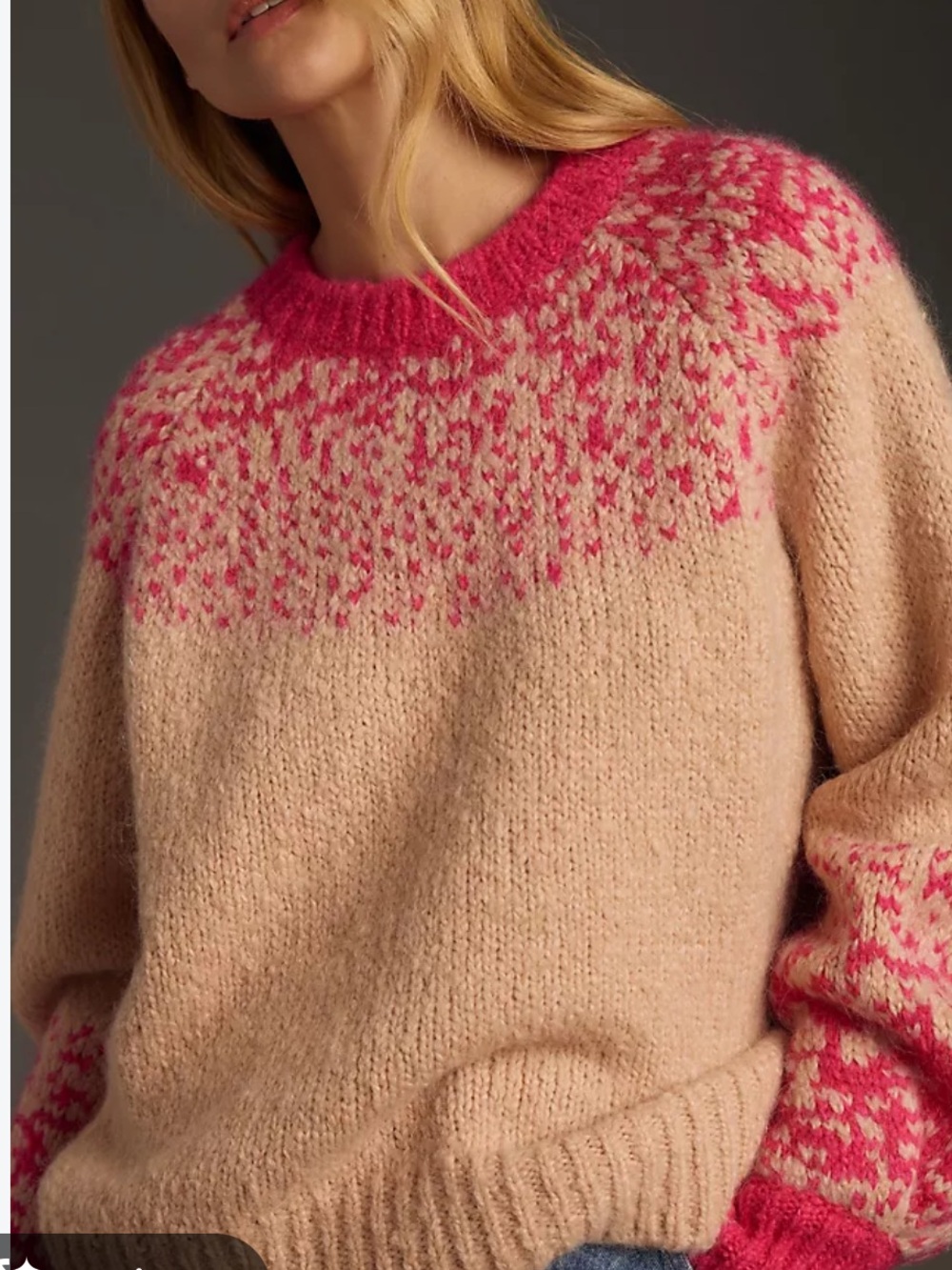 Anthropologie Pink Tan Fair Isle Wool Blend Chunky Knit Sweater Italy Large